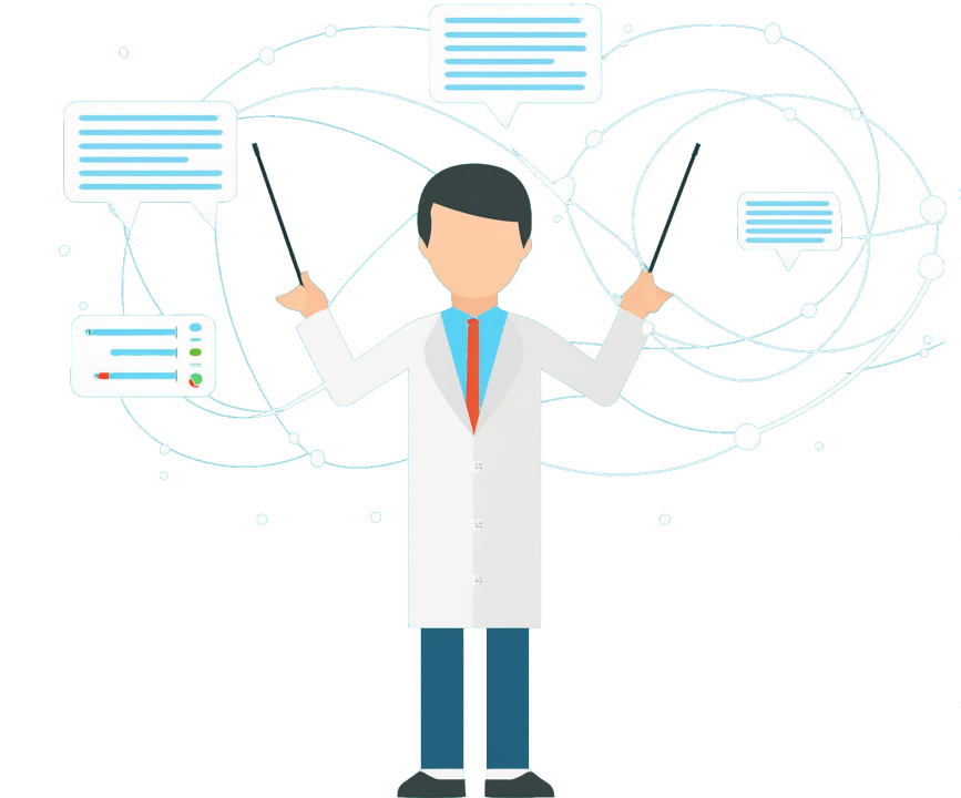 Scientist with two batons orchestrates his data streams.